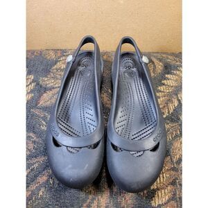 CROCS Womens Black Slingback Flats with Silver Rose Charm- Size 9